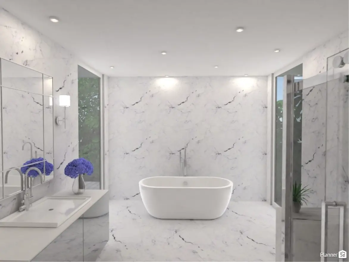 salle de bains en marbre blanc avec un lavabo et une baignoire
