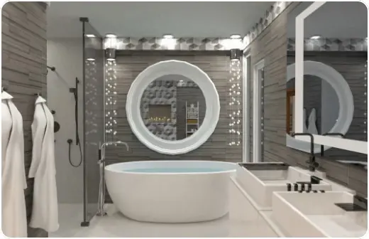 salle de bains moderne grise avec un grand miroir et une baignoire